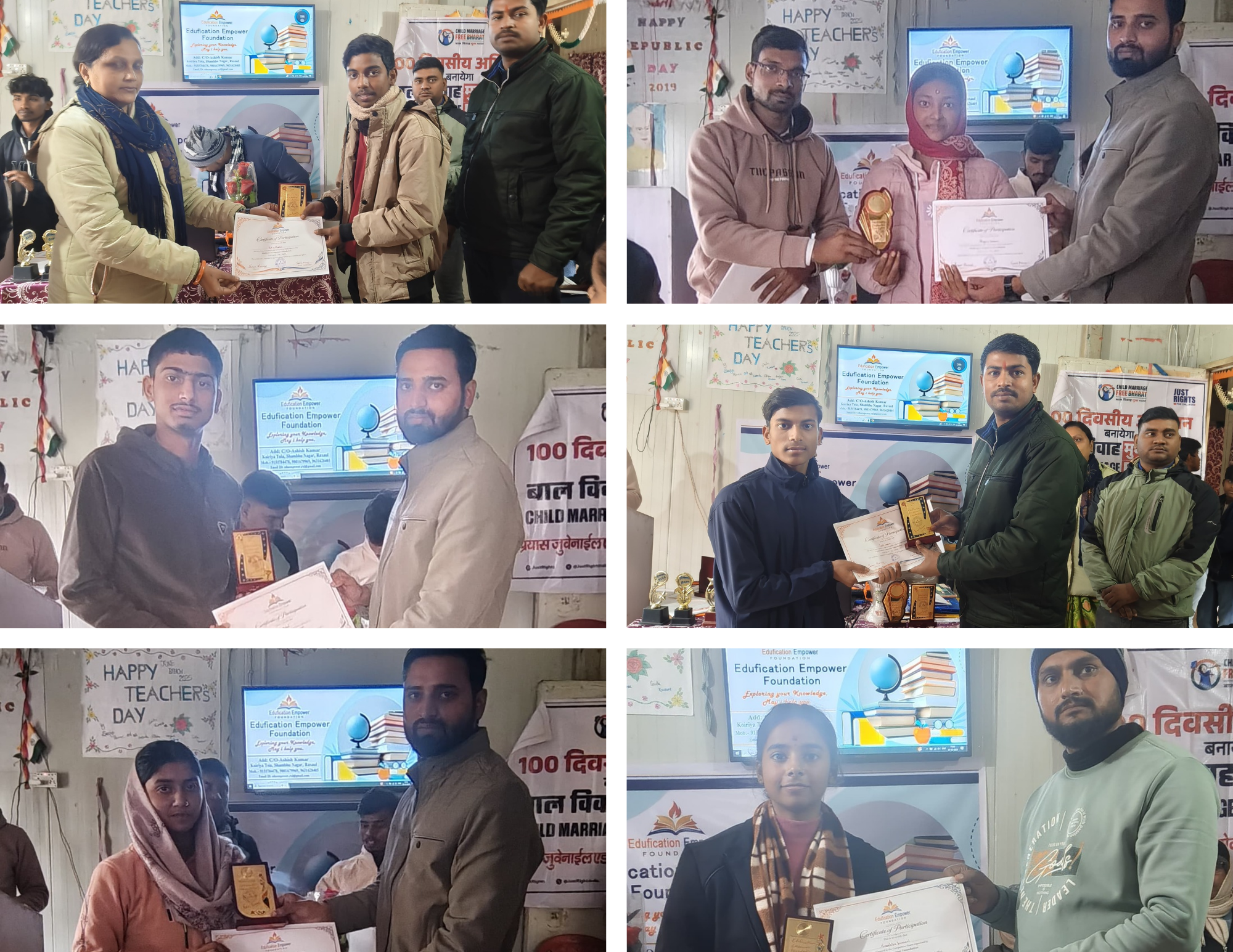 Edufication Empower Foundation felicitating the Class 10 toppers with shields and medals during the exam ceremony.